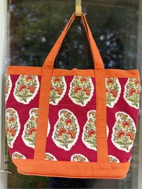 Heavy Pottery Barn Canvas Tote XL Orange & Red Floral Bag